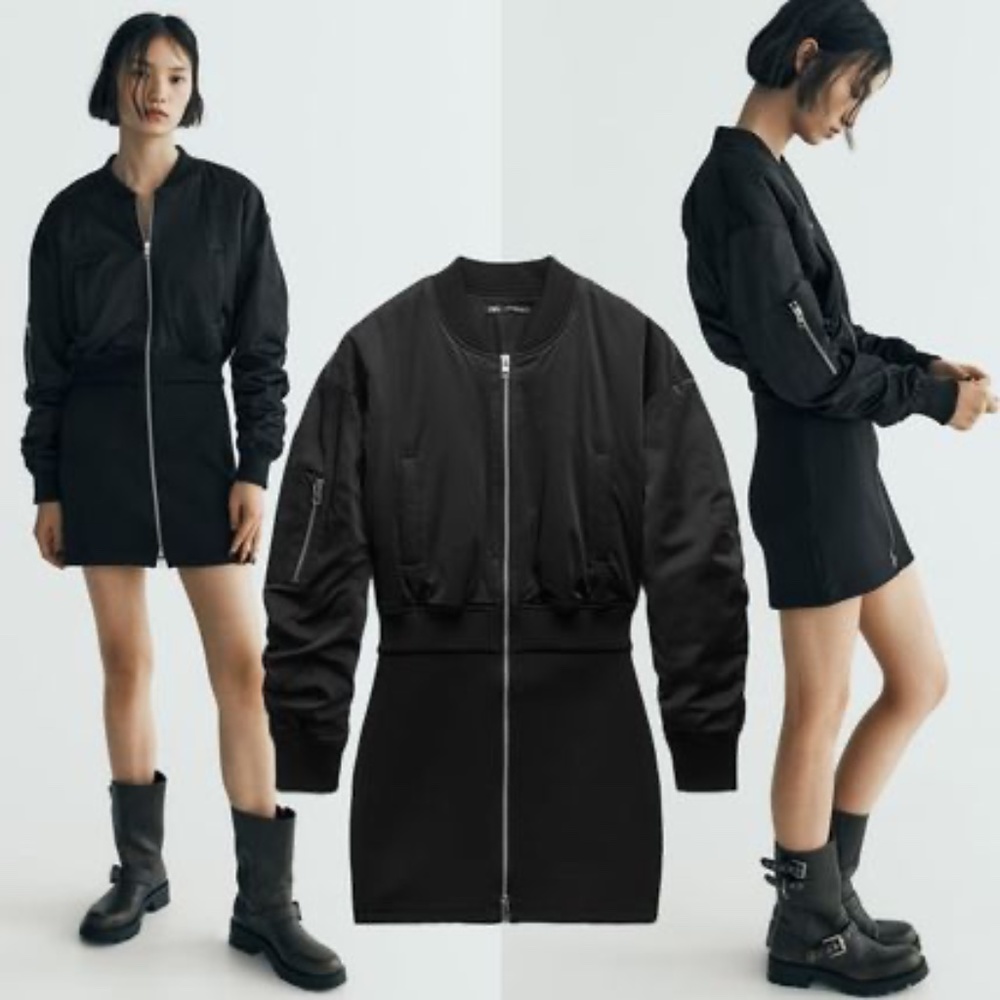 NWT ZARA MINI BOMBER DRESS XS BLACK